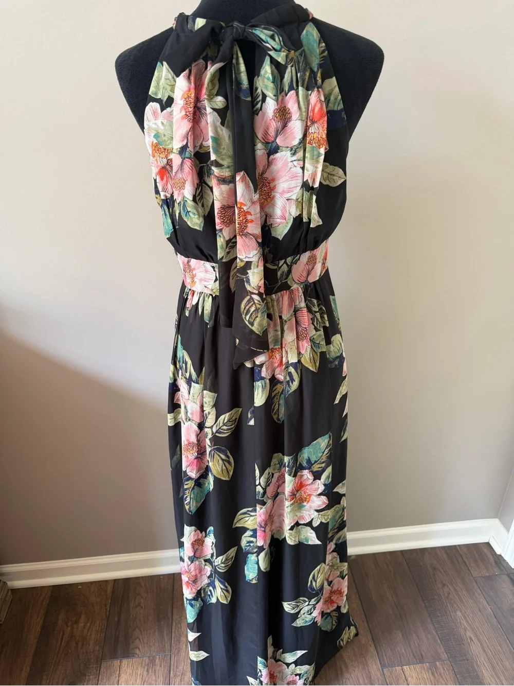 INC International Concepts Floral Halter Maxi Dress Black Pink Floral Size 10
